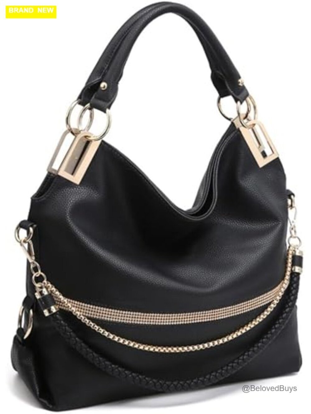 Large Hobo Bag with Rhinestone Accents Vegan Leather Tote Shoulder Handbag